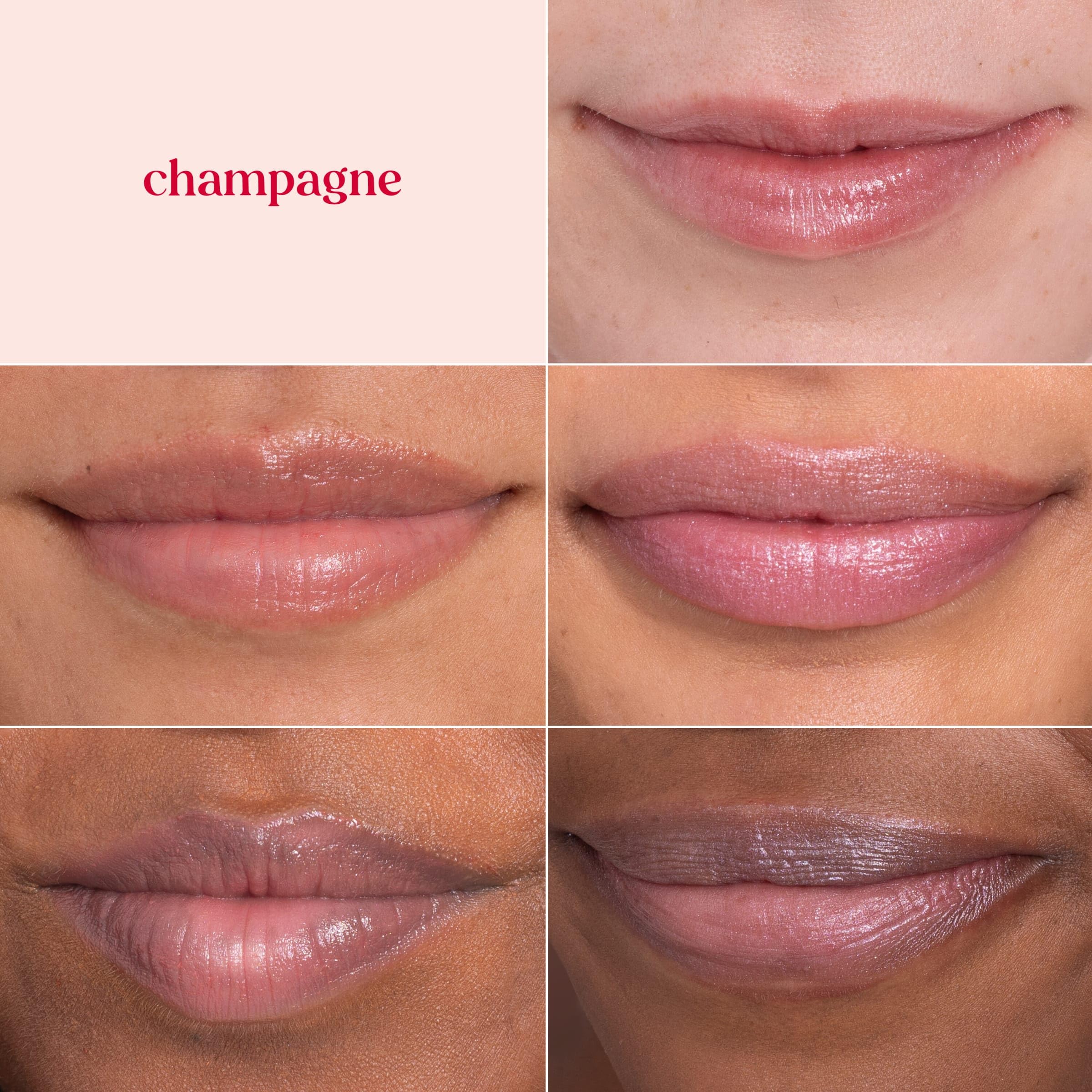 Burt's Bees Shimmer Lip Tint Champagne on lips delivers luminous pink shine.