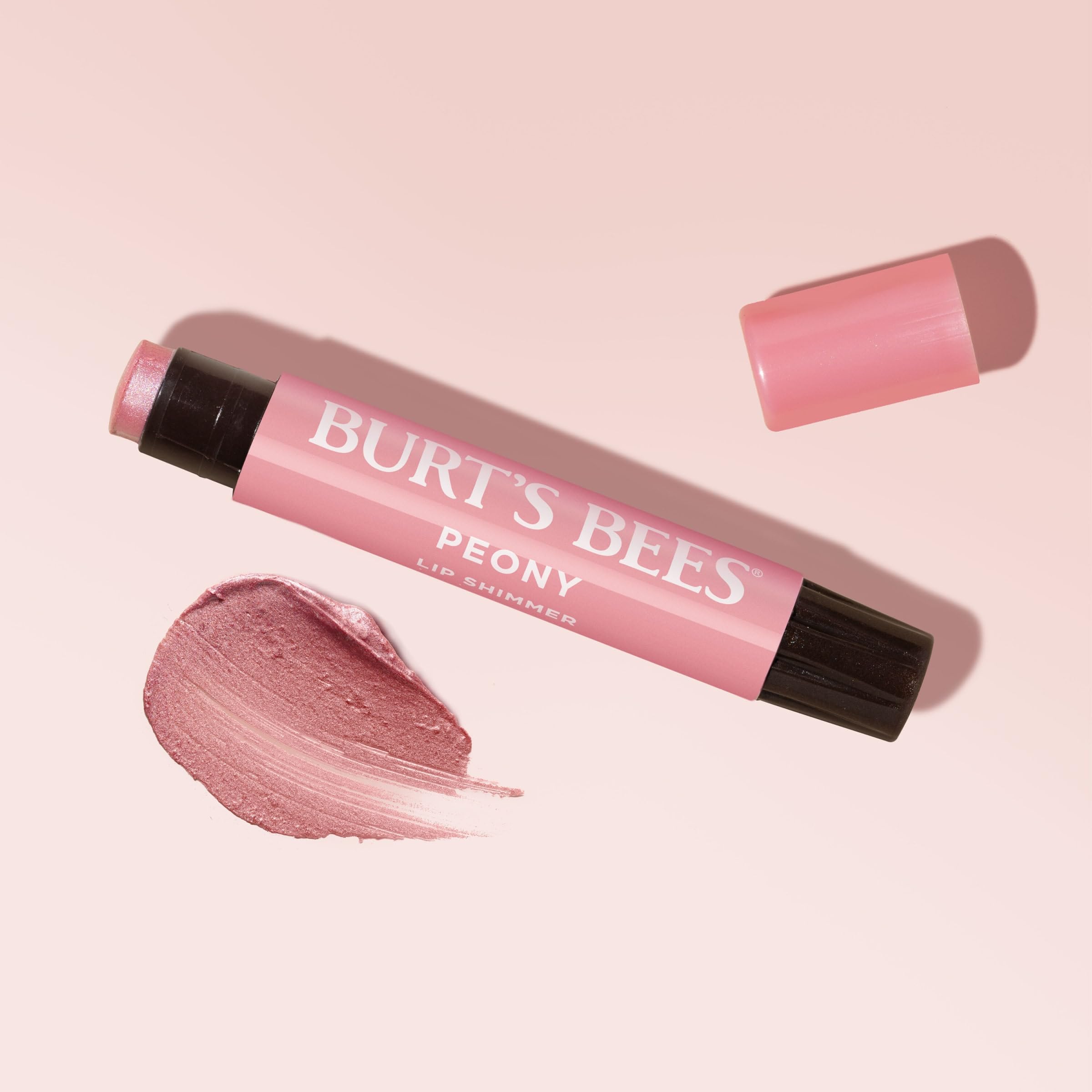Burt's Bees Lip Shimmer Peony swatch on lips with rosy glow