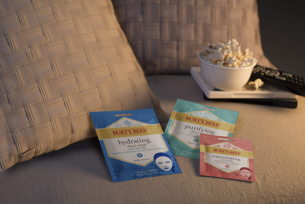 Burt's Bees hydrating mask applying step illustrates a five-minute pampering ritual.