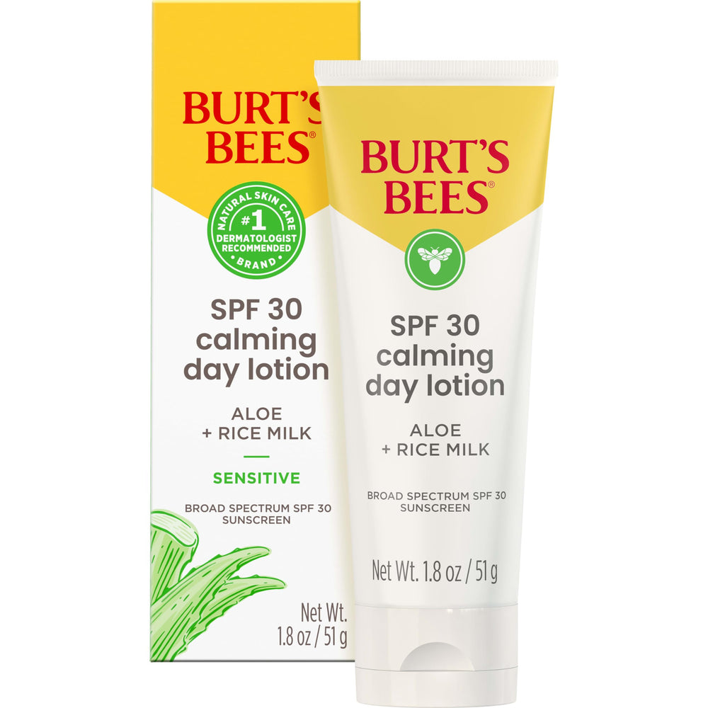 Burt's Bees SPF 30 calming day lotion bottle with aloe and rice milk for hydration.