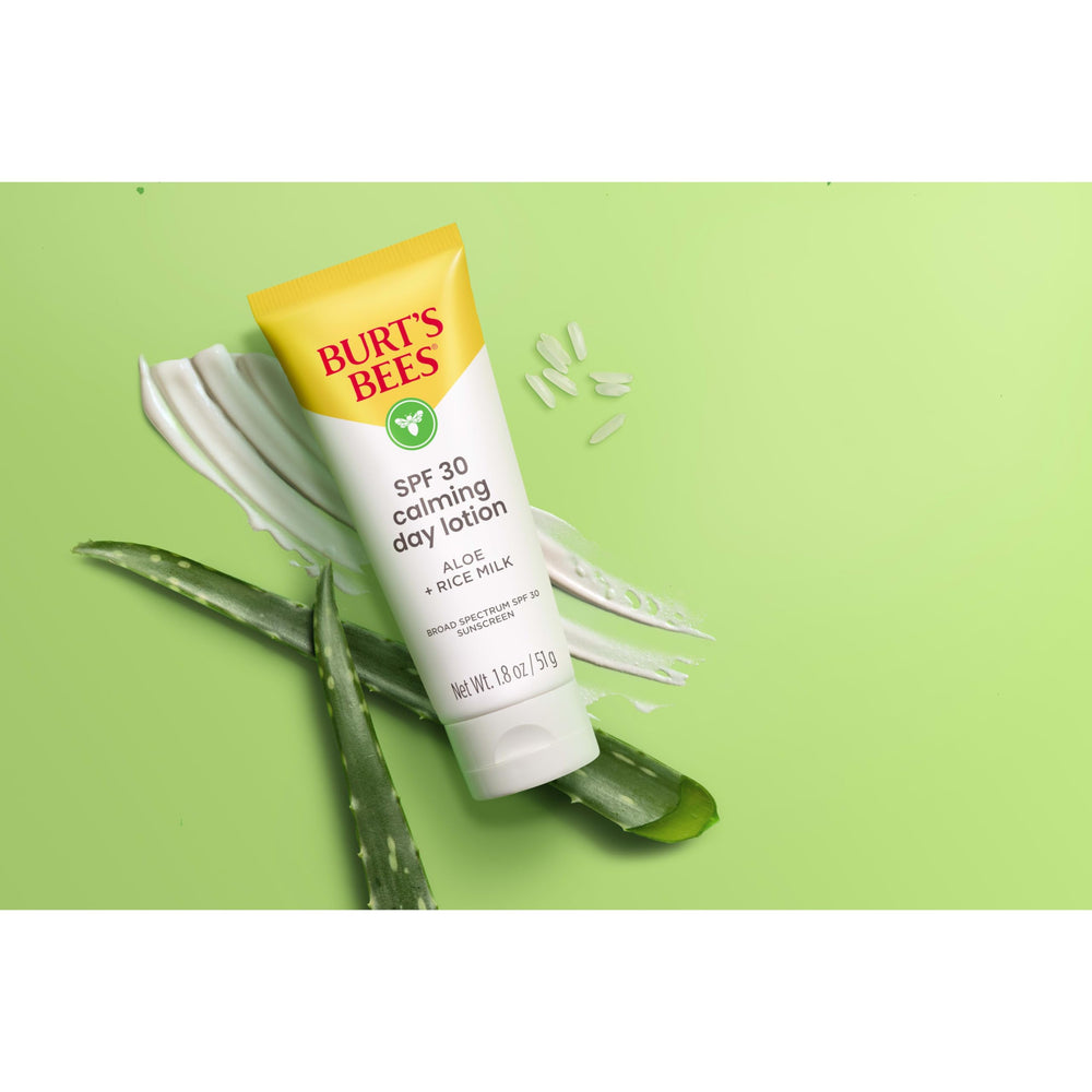 Illustration of aloe and rice milk ingredients in Burt's Bees lotion.