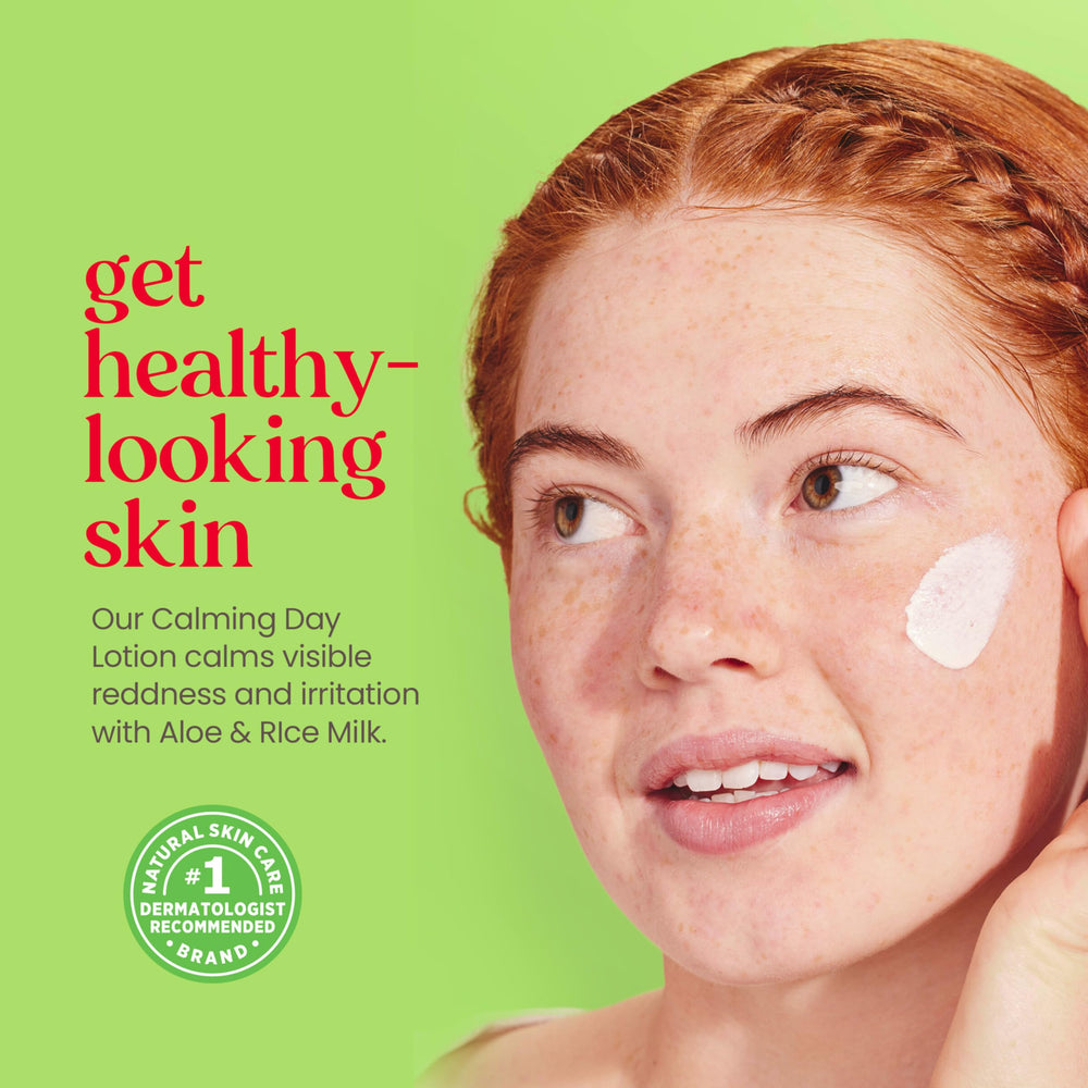 Soothing redness relief imagery with Burt's Bees calming day lotion.