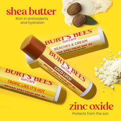 Burt's Bees SPF30 Beaches and Cream lip balm tube emphasizes hydration and clean ingredients