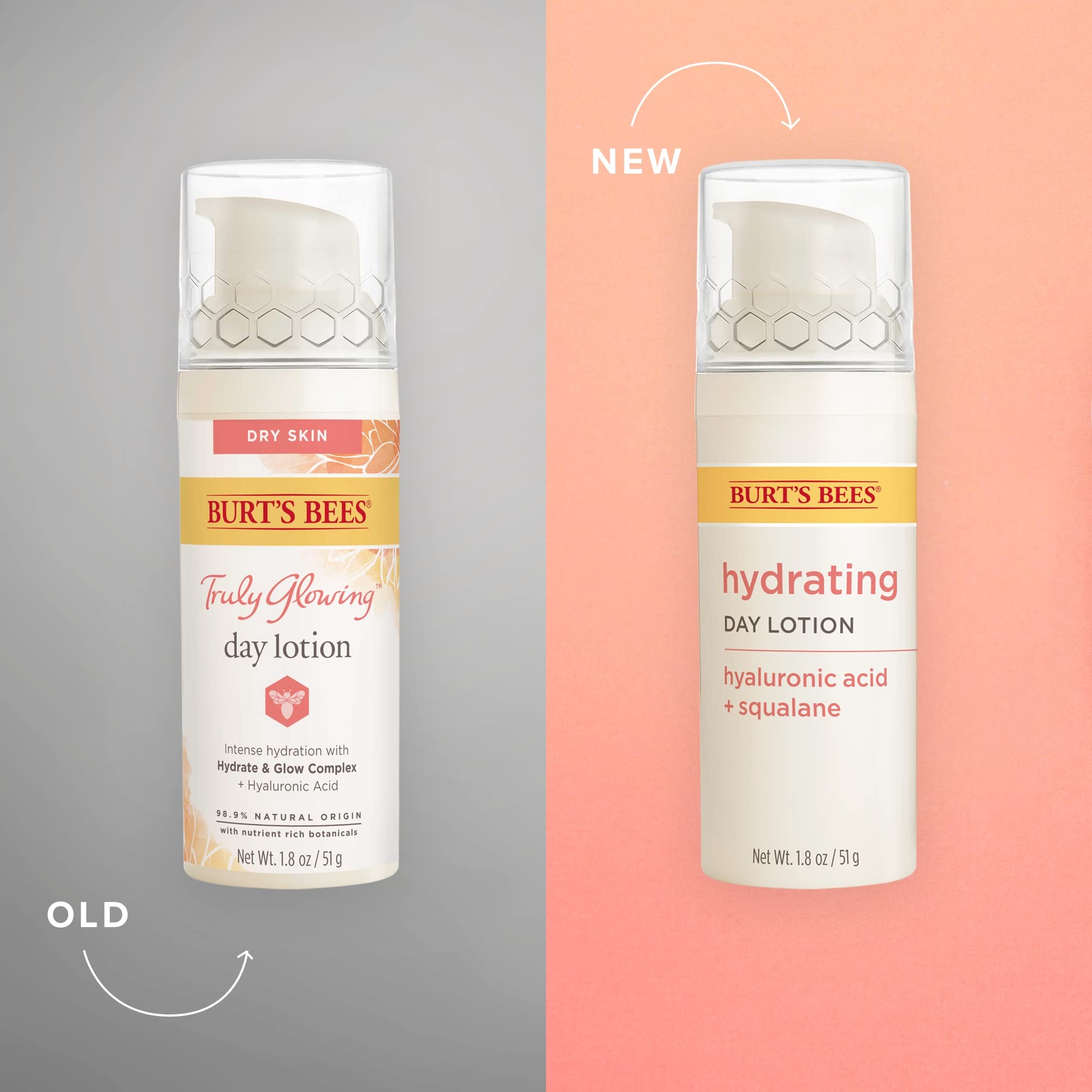 Burt's Bees Truly Glowing Day Lotion logo close-up highlights dermatologist-developed care for skin.