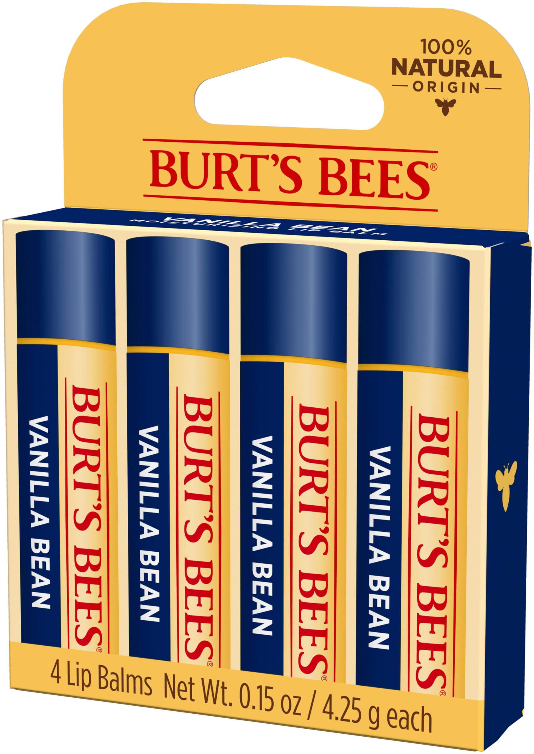 Burt's Bees Vanilla Bean lip balm 100% natural origin.
