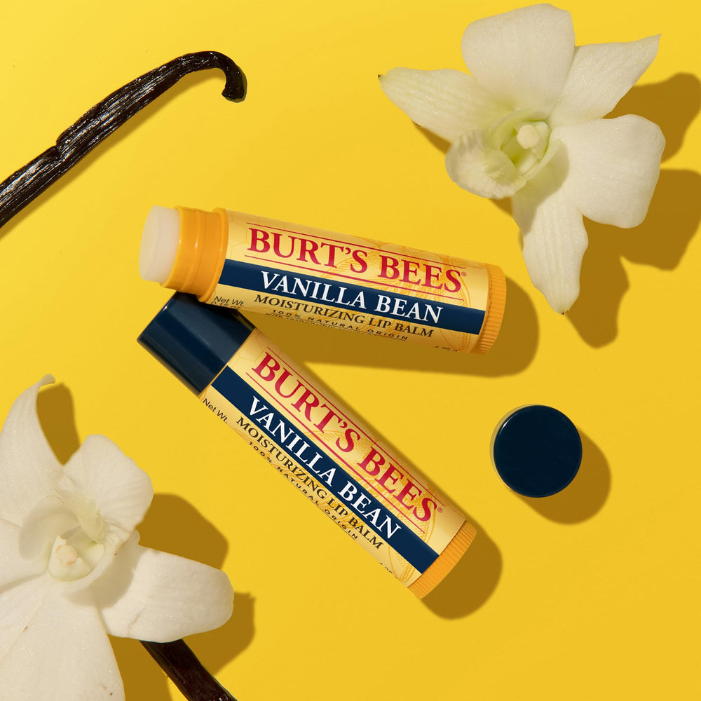 Burt's Bees Vanilla Bean lip balm packaging with four tubes for easy stocking.