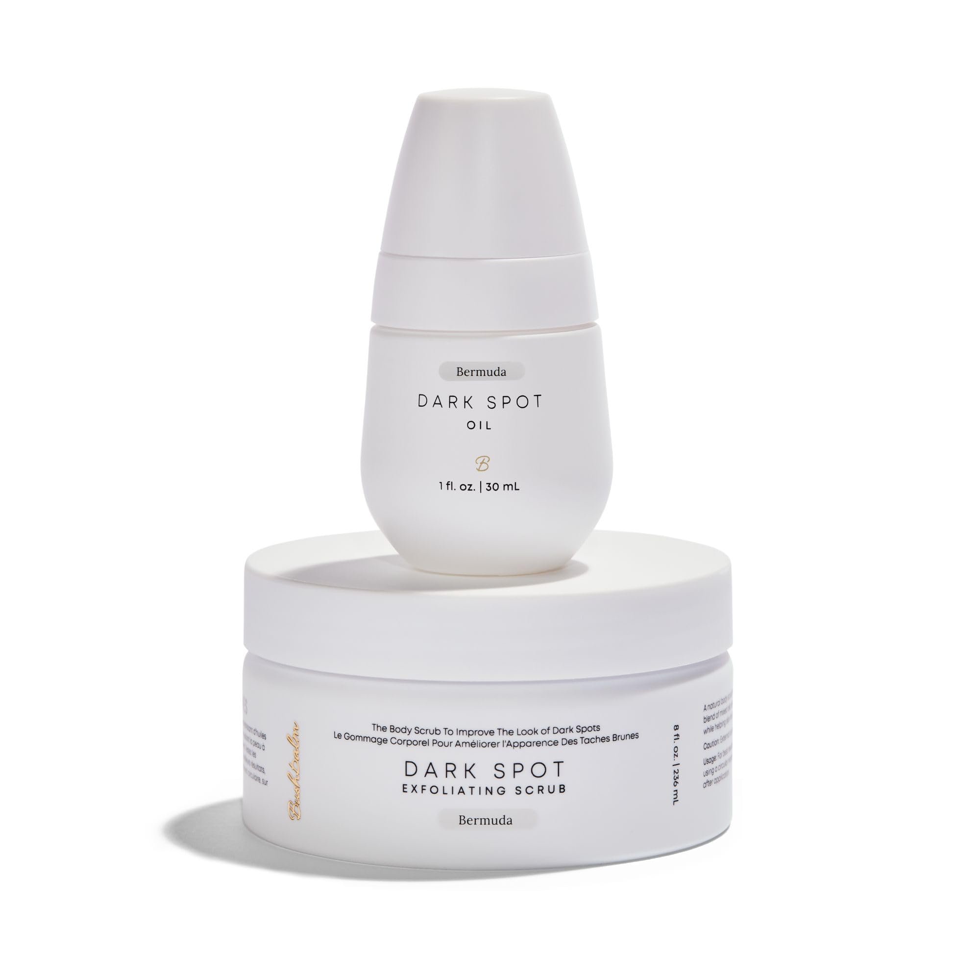 Bushbalm Bermuda dark spots oil bottle demonstrates targeted brightening for uneven skin tone.