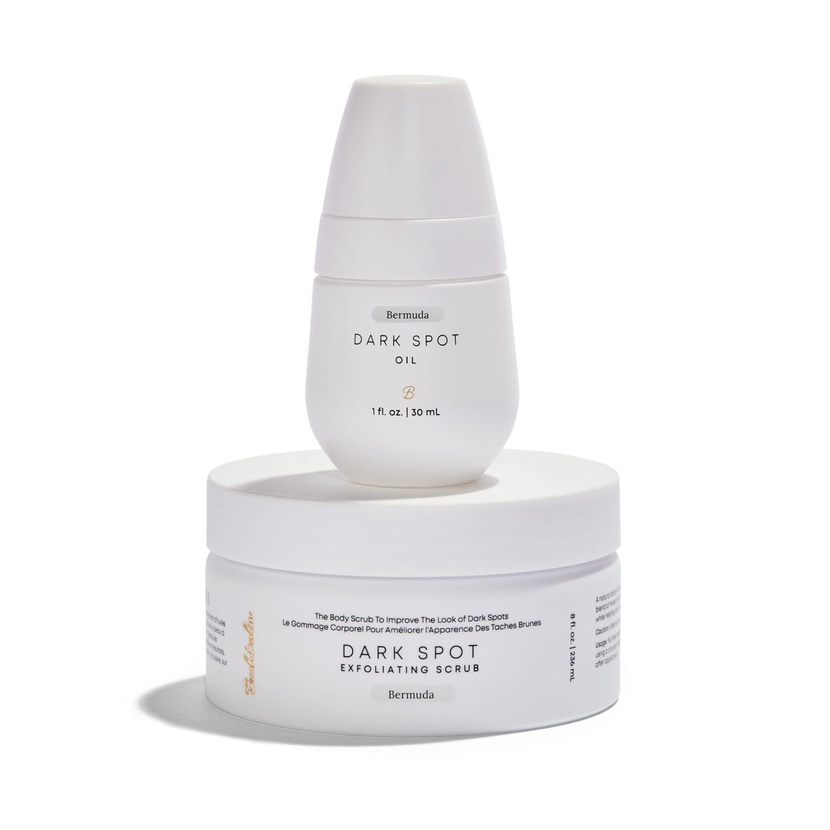 Bushbalm Bermuda dark spots oil bottle demonstrates targeted brightening for uneven skin tone.