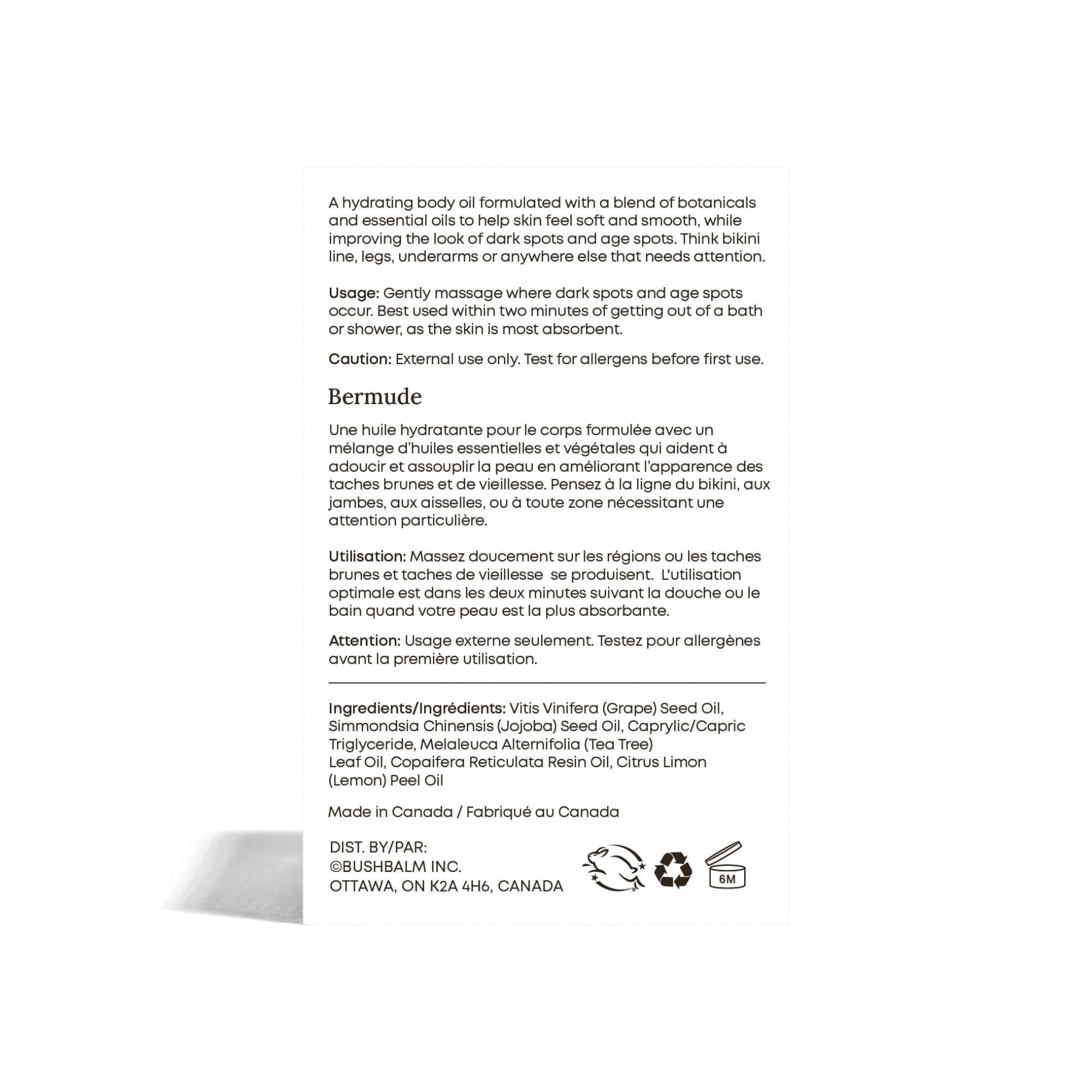 Bushbalm Bermuda Oil packaging image reinforces vegan, cruelty-free skincare approach.