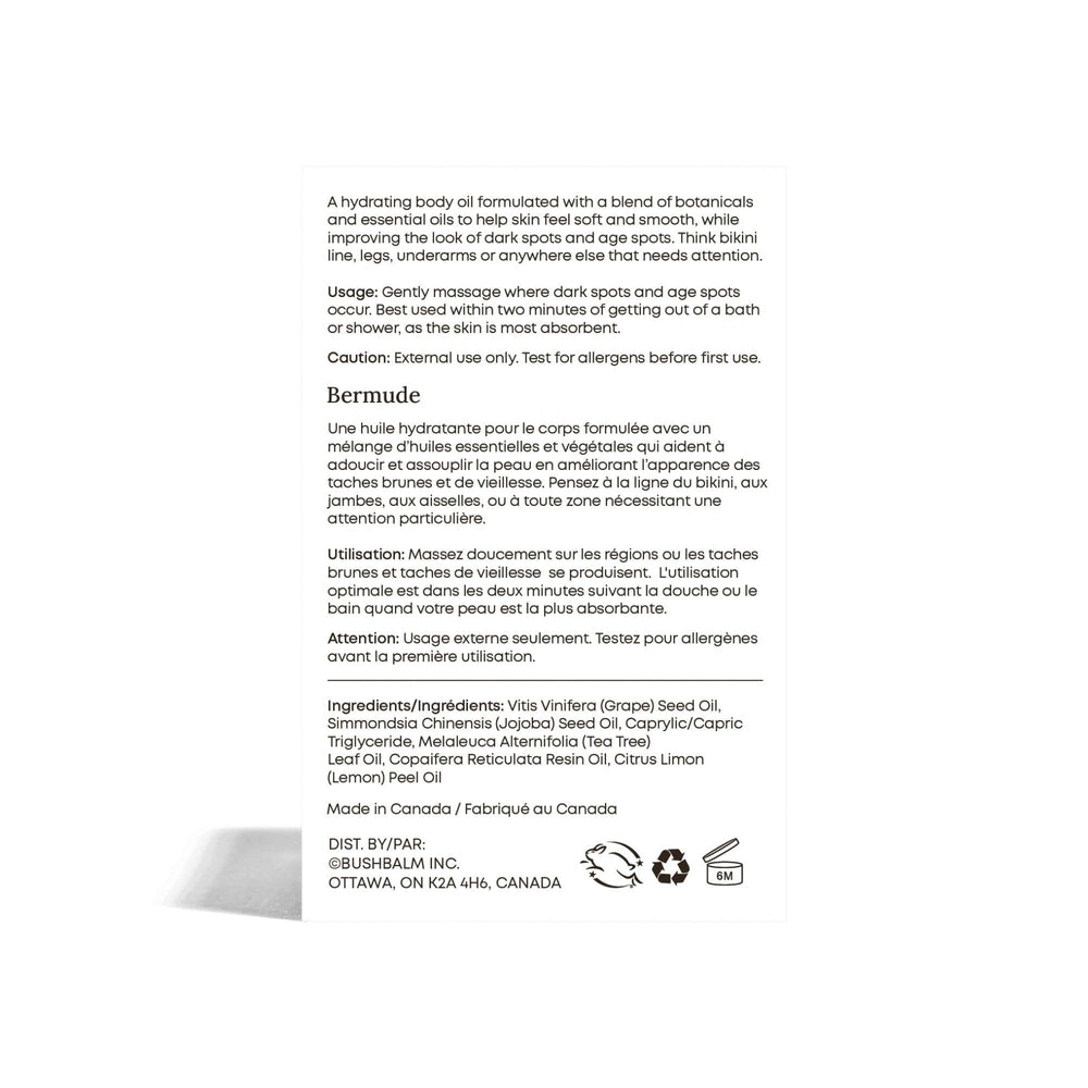 Bushbalm Bermuda Oil packaging image reinforces vegan, cruelty-free skincare approach.