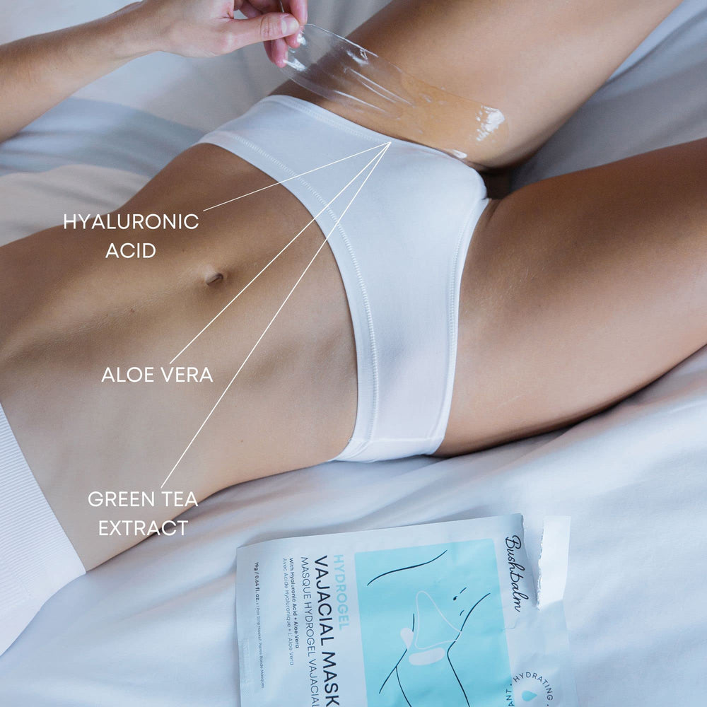 Bushbalm hydrogel vajacial mask bikini-area strips ready for soothing post-wax refreshment.