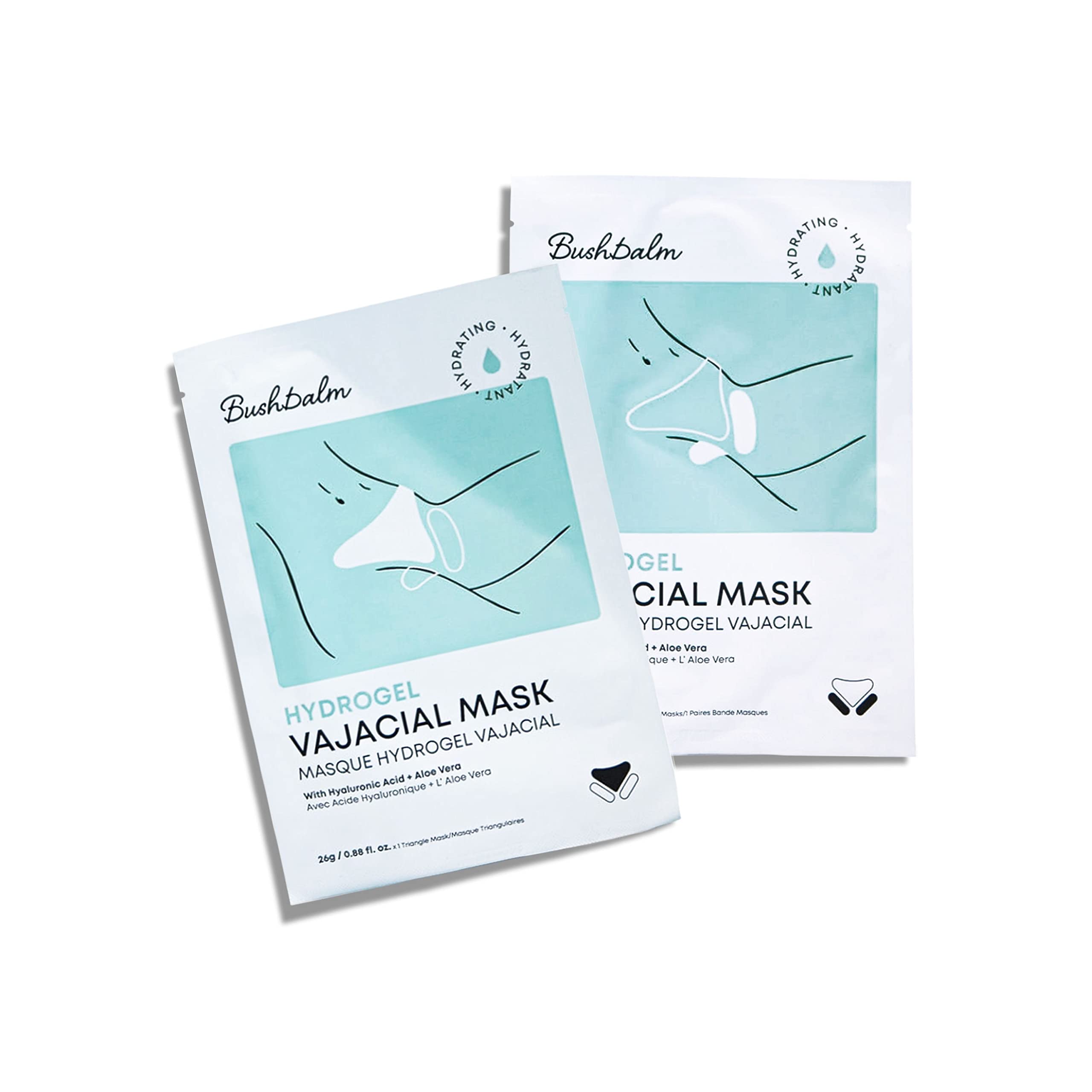 Bushbalm hydrogel vajacial mask packaging ready for cooling after hair removal.