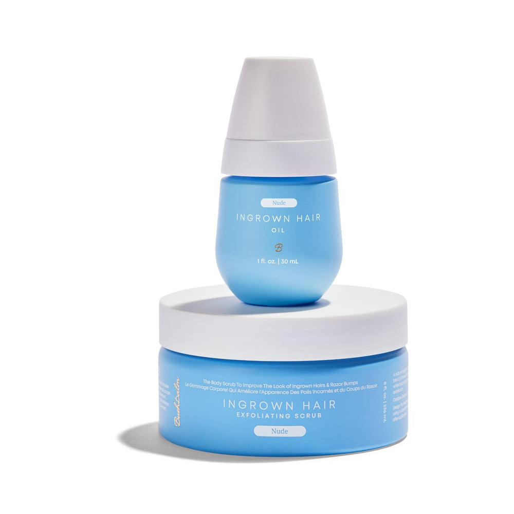 Bushbalm Nude Ingrown Hair Oil bottle highlights hydrating formula for smoother skin