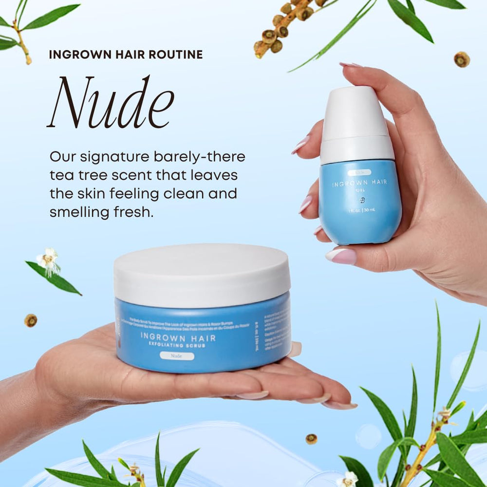 Bushbalm Nude Scrub bottle with tea tree scent communicates refreshing aroma.