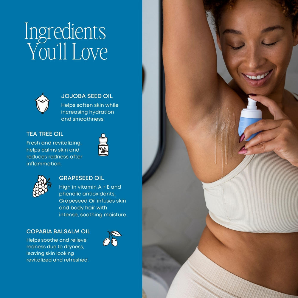Bushbalm Post-hair-removal routine setup with Nude Oil and Roller Rescue