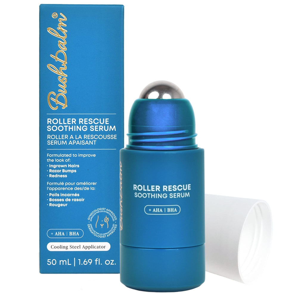 Bushbalm Roller Rescue bottle in blue demonstrates cooling post shave comfort.