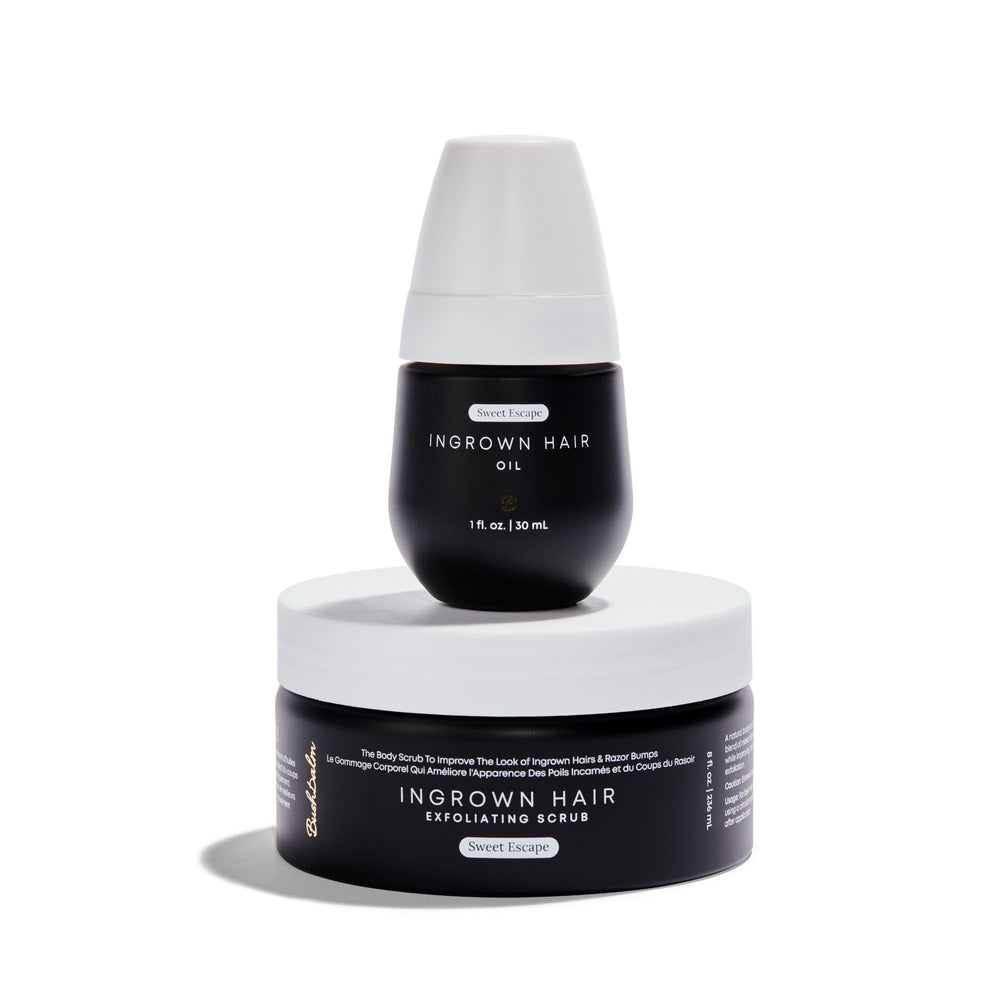Bushbalm Sweet Escape ingrown hair oil bottle shows hydrating formula for post-removal care.