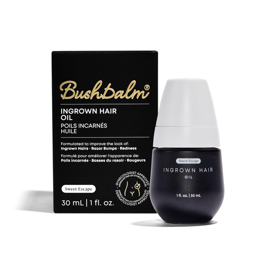 Bushbalm Sweet Escape Oil bottle shows all-skin-types formula for gentle post-shave care.