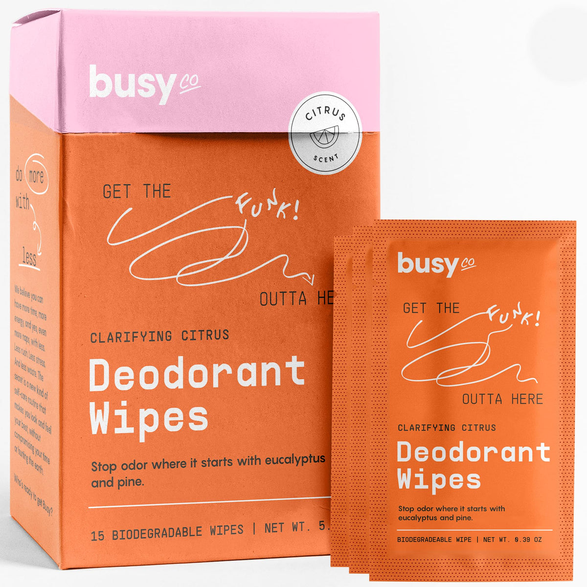 BUSYCO Refresh Line Deodorant Wipes packaging emphasizes sustainability and on-the-go freshness.