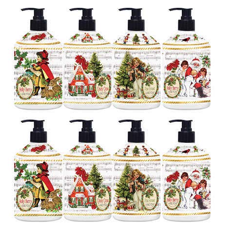BUTO Toeah Holiday Greetings hand soap dispenser enhances bathroom decor with festive scent.