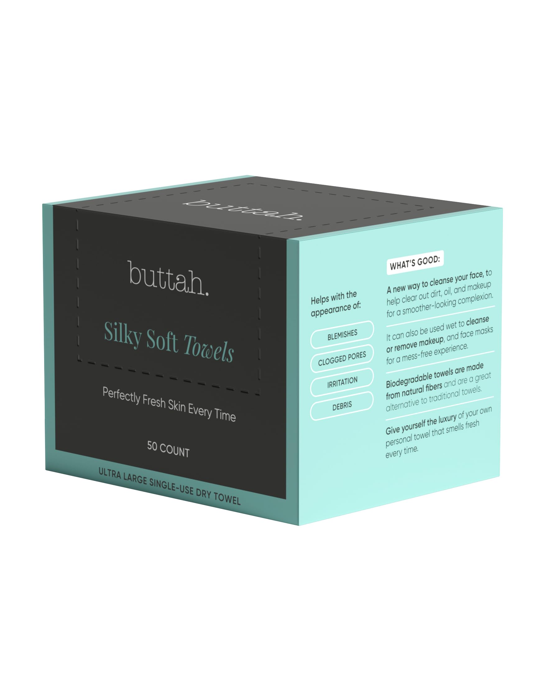 Buttah Skin disposable towels 50-count pack closeup showing durable cleansing texture
