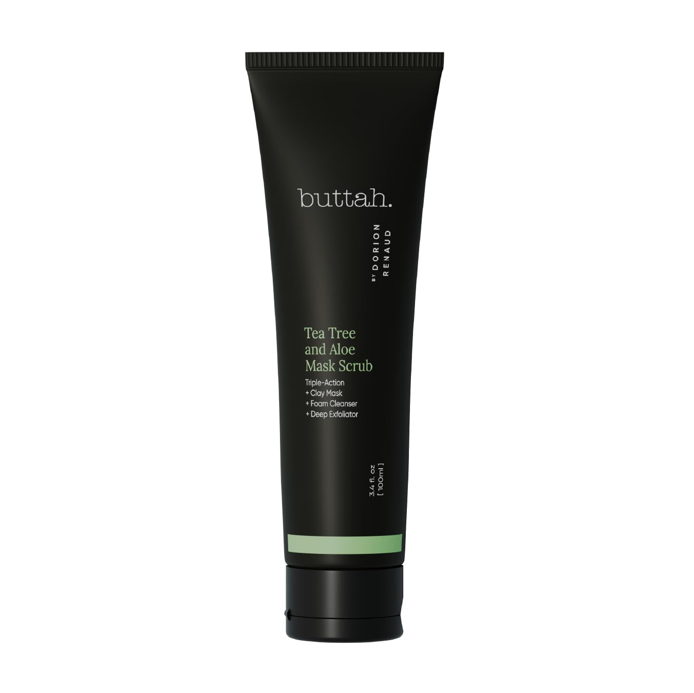 Buttah Tea Tree Aloe Exfoliating Scrub jar demonstrates gentle exfoliation for clearer, oil-balanced skin.