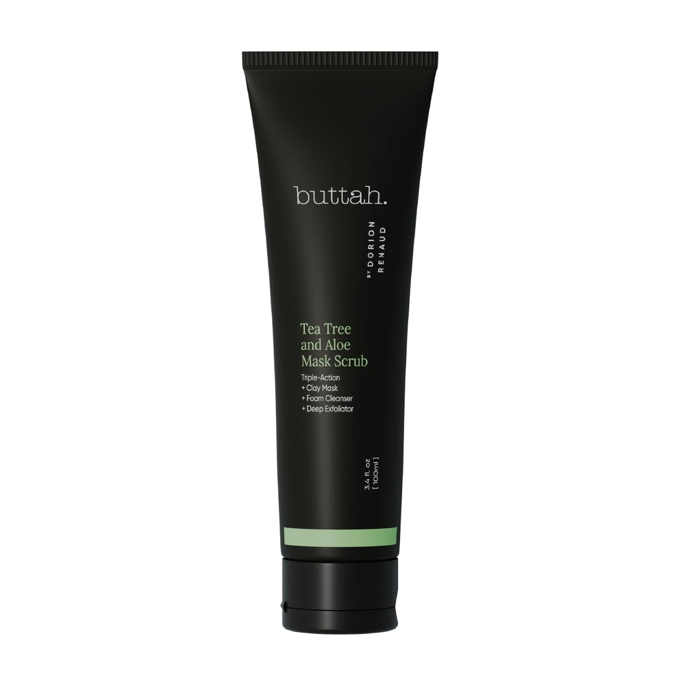 Buttah Tea Tree Aloe Exfoliating Scrub jar demonstrates gentle exfoliation for clearer, oil-balanced skin.