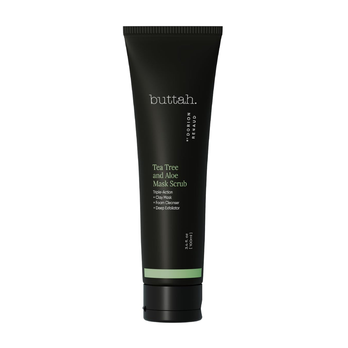 Buttah Tea Tree Aloe Exfoliating Scrub jar demonstrates gentle exfoliation for clearer, oil-balanced skin.