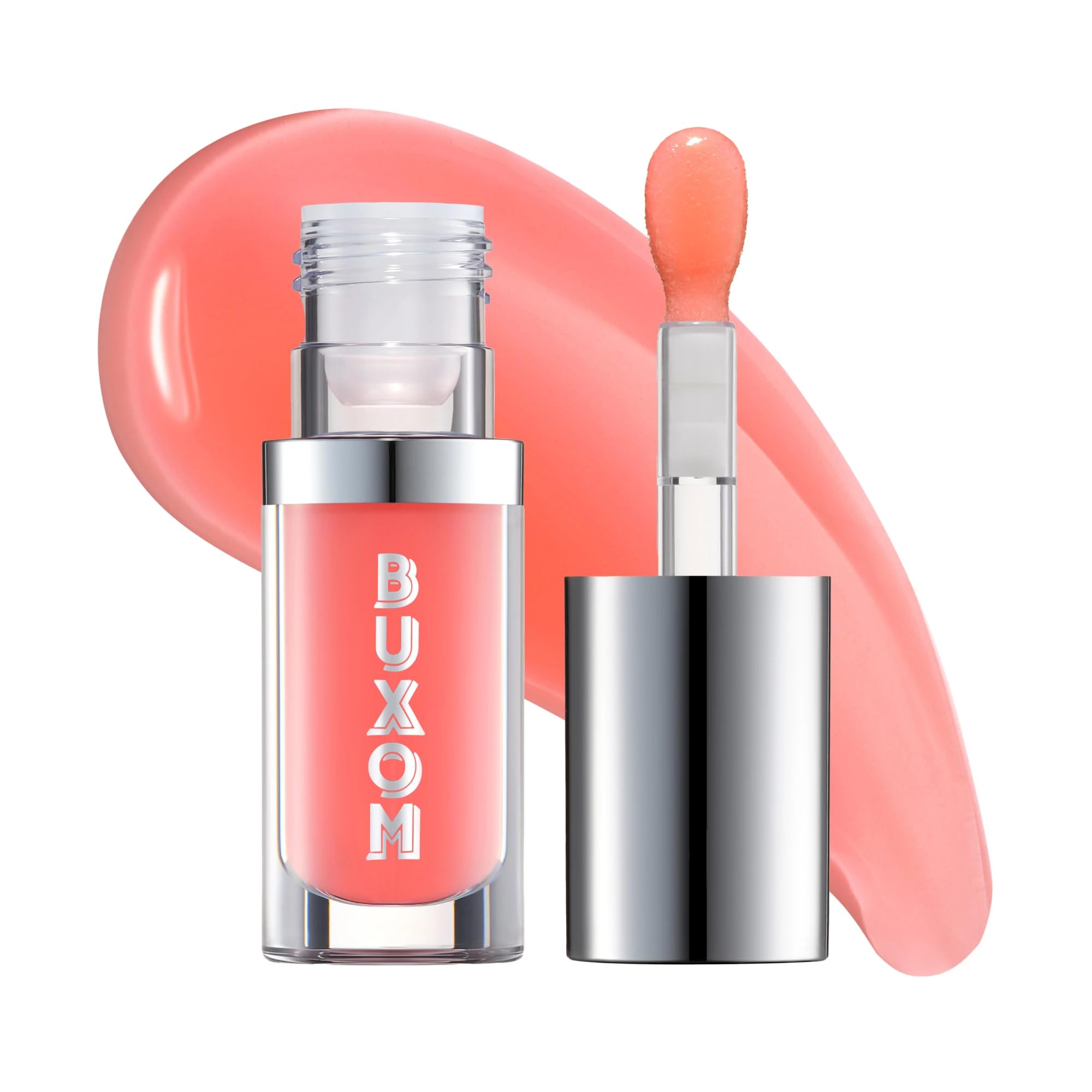 Buxom Full-On Glossy Lip Oil Trixie bottle close-up showing shine and hydration.