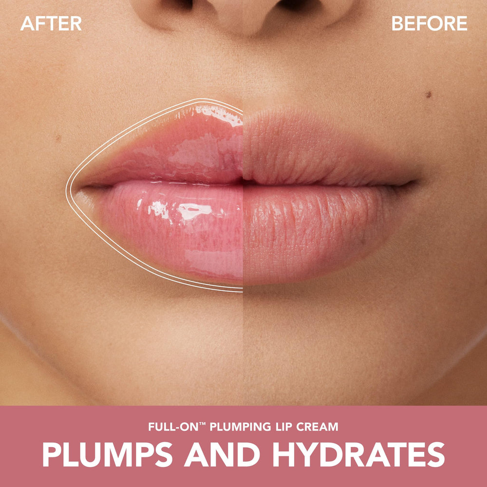 Buxom Full-On Plumping Lip Cream Blushing Margarita graphic highlights peptide and hyaluronic acid boost for fuller lips