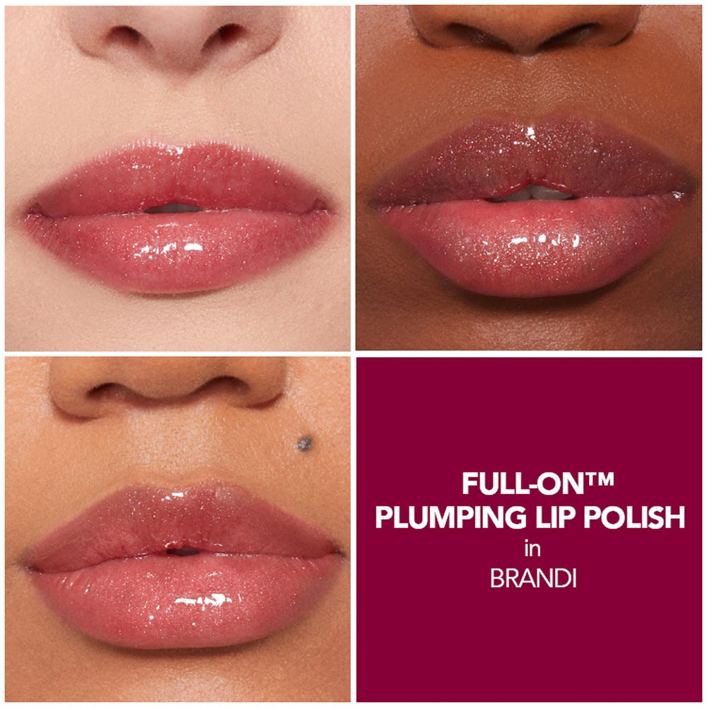 Buxom Brandi tube close-up highlights sparkling shimmer and tingling sensation for plump-looking lips.