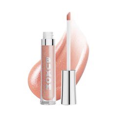 Buxom Celeste lip polish close-up on tube shows high-shine finish and plumping effect.