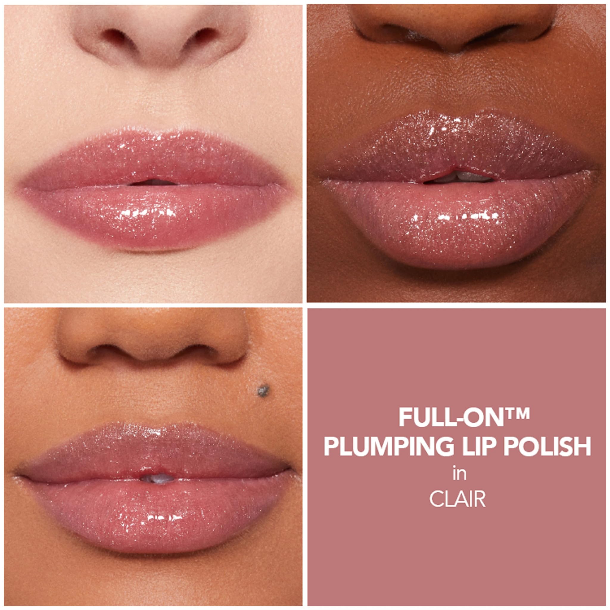 Buxom Full-On Plumping Lip Polish Clair tingling closeup highlights a tingly plump lip look.