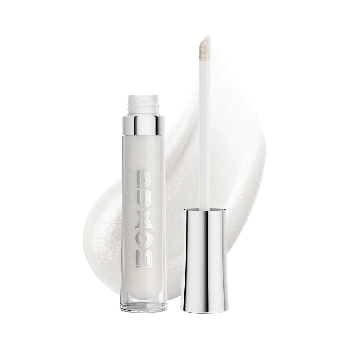 Buxom Dominique lip polish tube swatch showing plumping shine for fuller lips.
