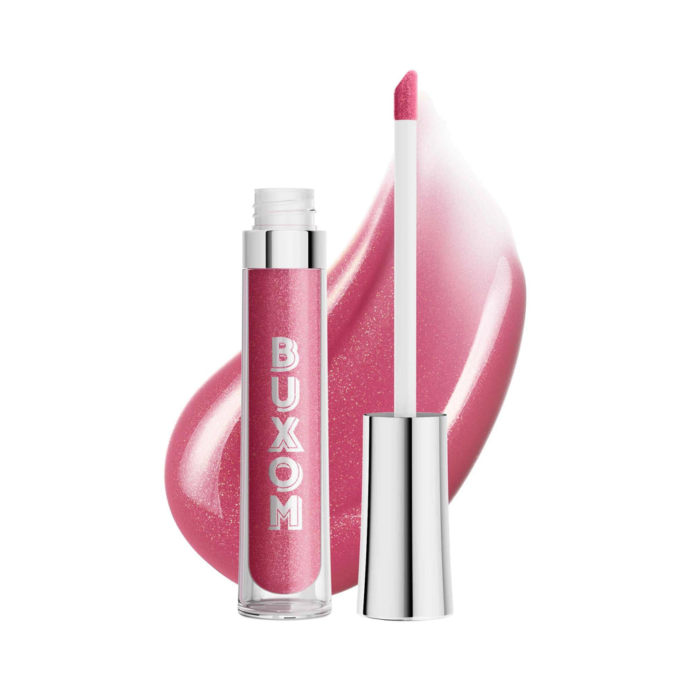 Buxom Evelyn swatch shows high-shine lip gloss with plump-looking lips