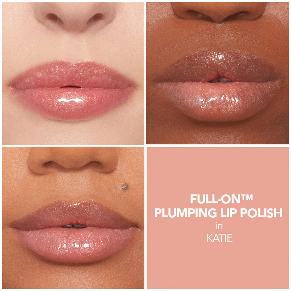 Buxom Full-On Plumping Lip Polish Katie applicator on lip showing precise, high-shine application.