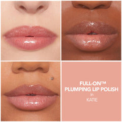 Buxom Full-On Plumping Lip Polish Katie applicator on lip showing precise, high-shine application.