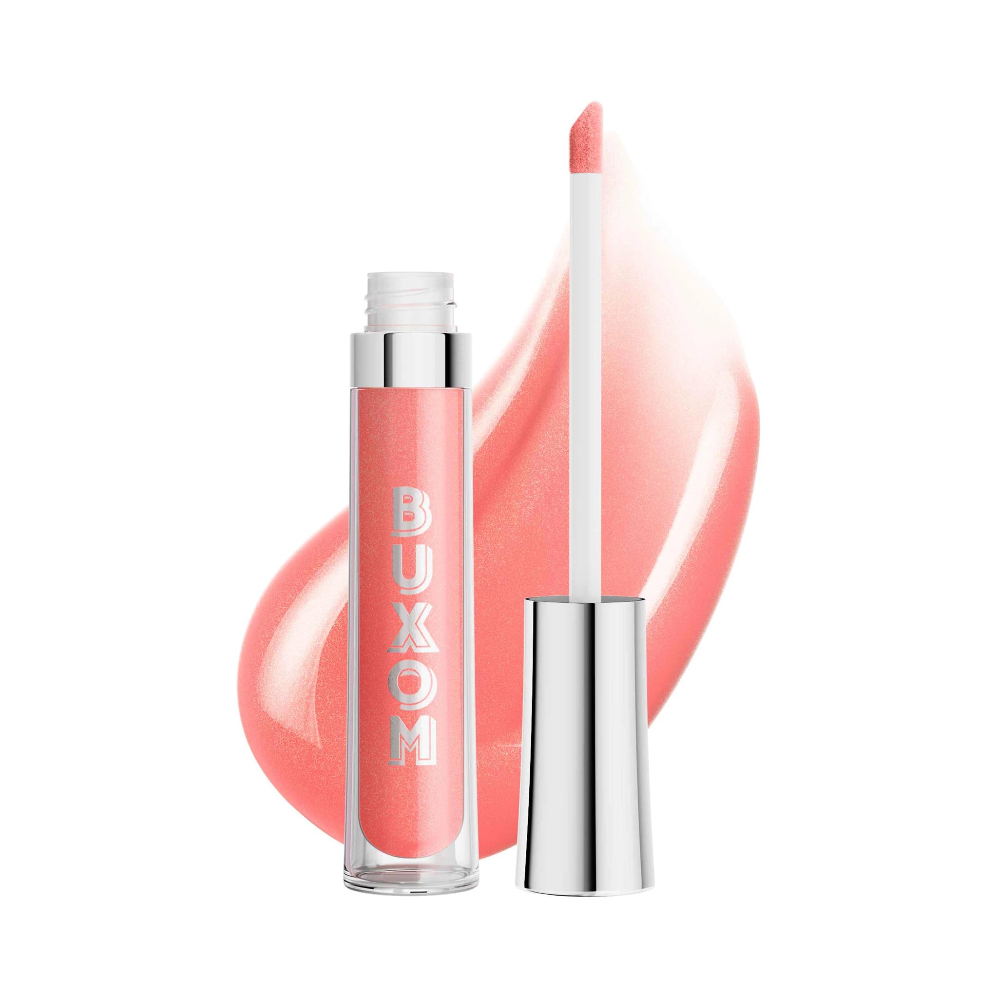 Buxom Full-On Plumping Lip Polish Katie bottle closeup with glossy shimmer and plump-looking lips.