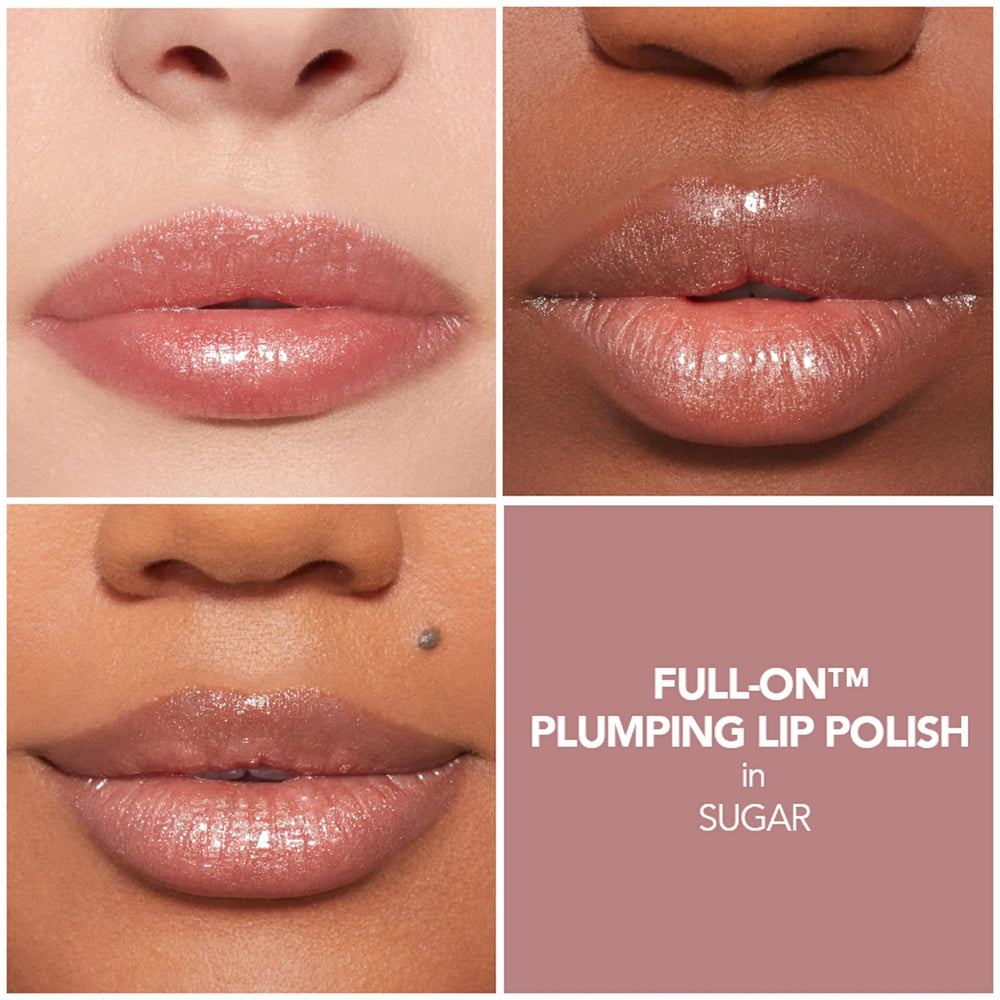 Buxom Full-On Plumping Lip Polish Sugar during application highlighting tingling sensation.