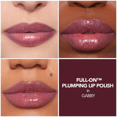 Buxom Gabby gloss application tilt showing tingling plump sensation on lips.