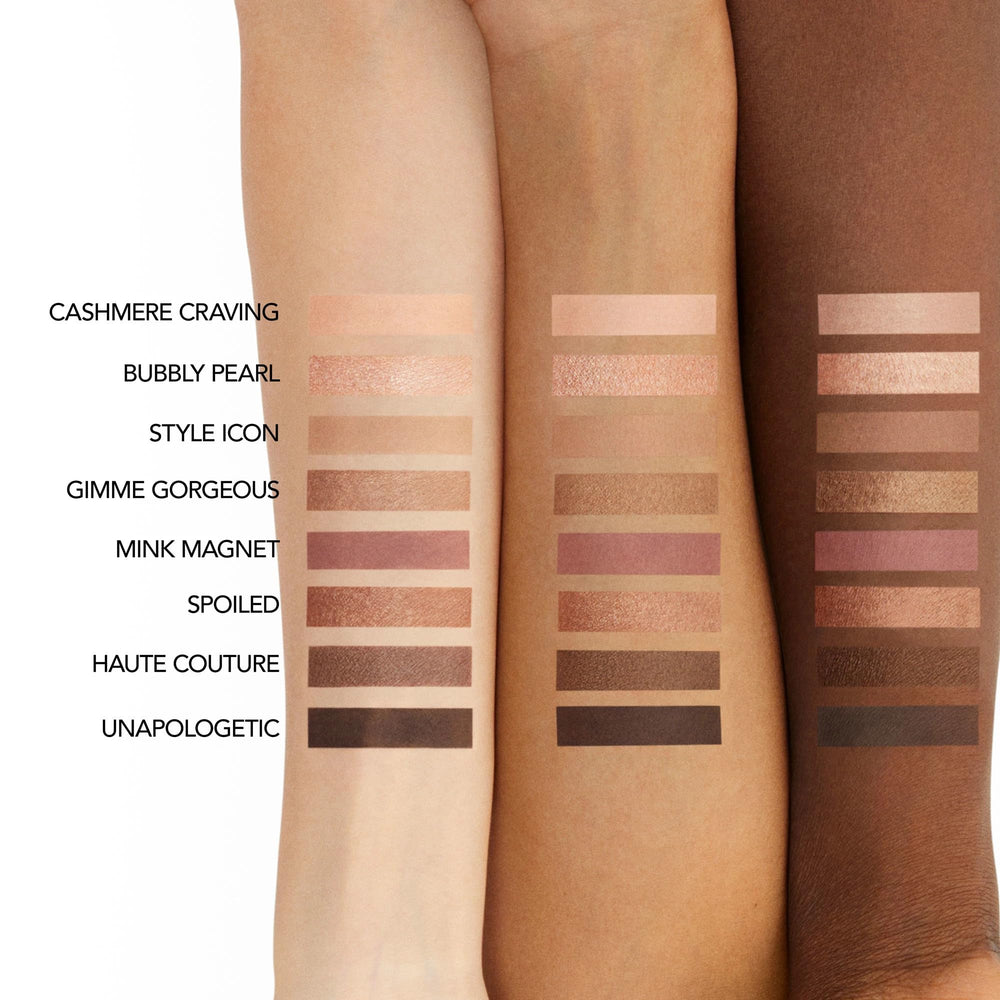 BUXOM Iconic Nudes palette wet-application for intensified color payoff.