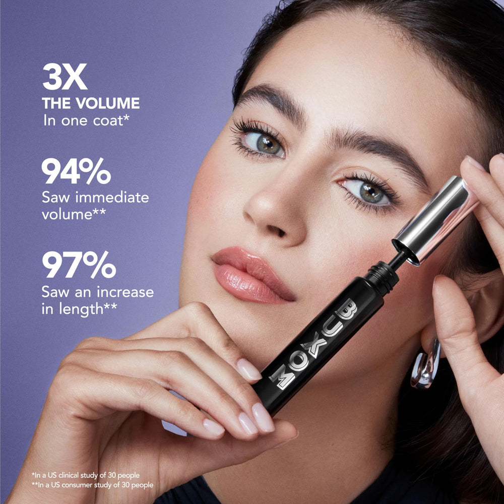 BUXOM Lash Volumizing Mascara before and after demonstrates 3x volume potential.