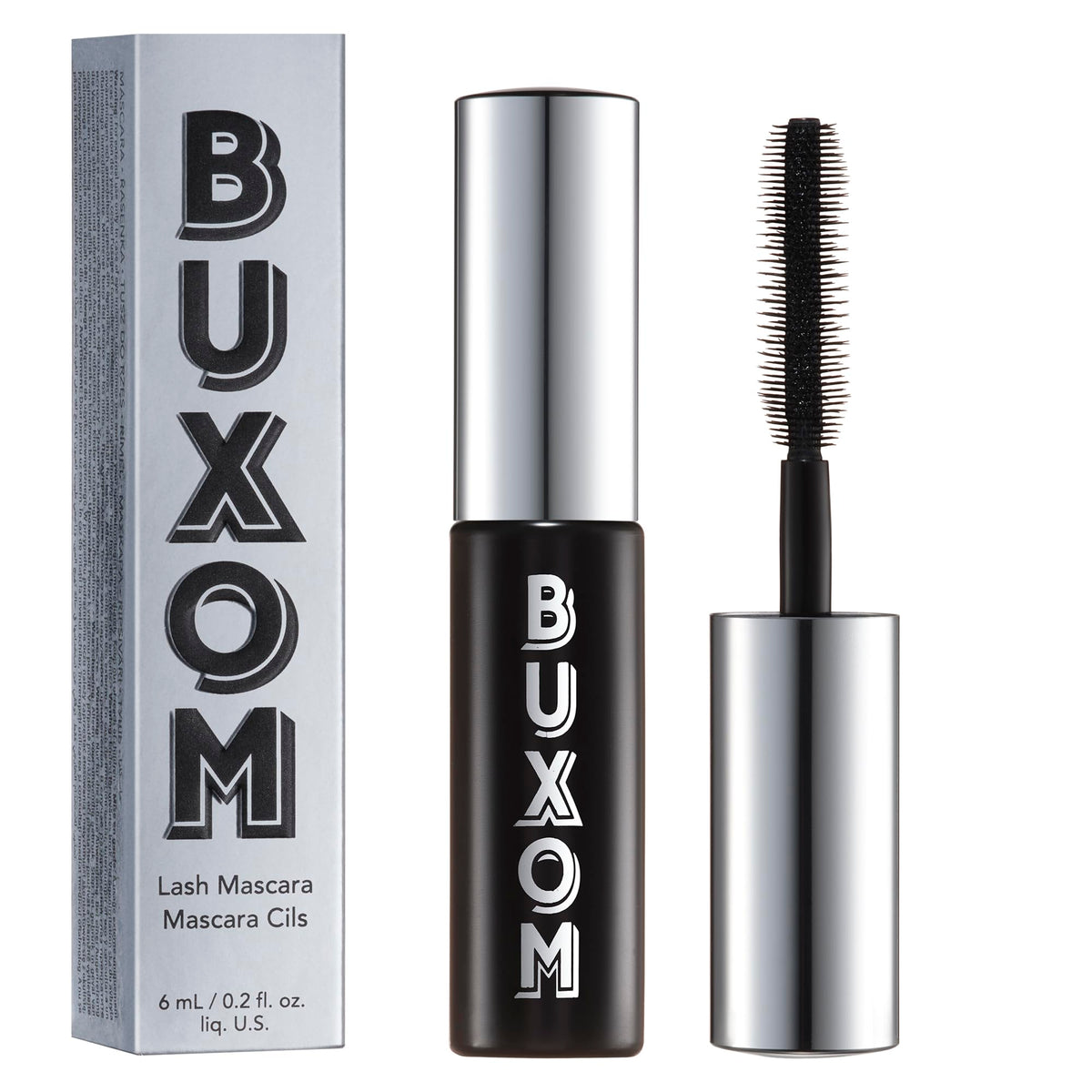 BUXOM Lash Volumizing Mascara wand closeup showing dense bristles for dramatic definition.