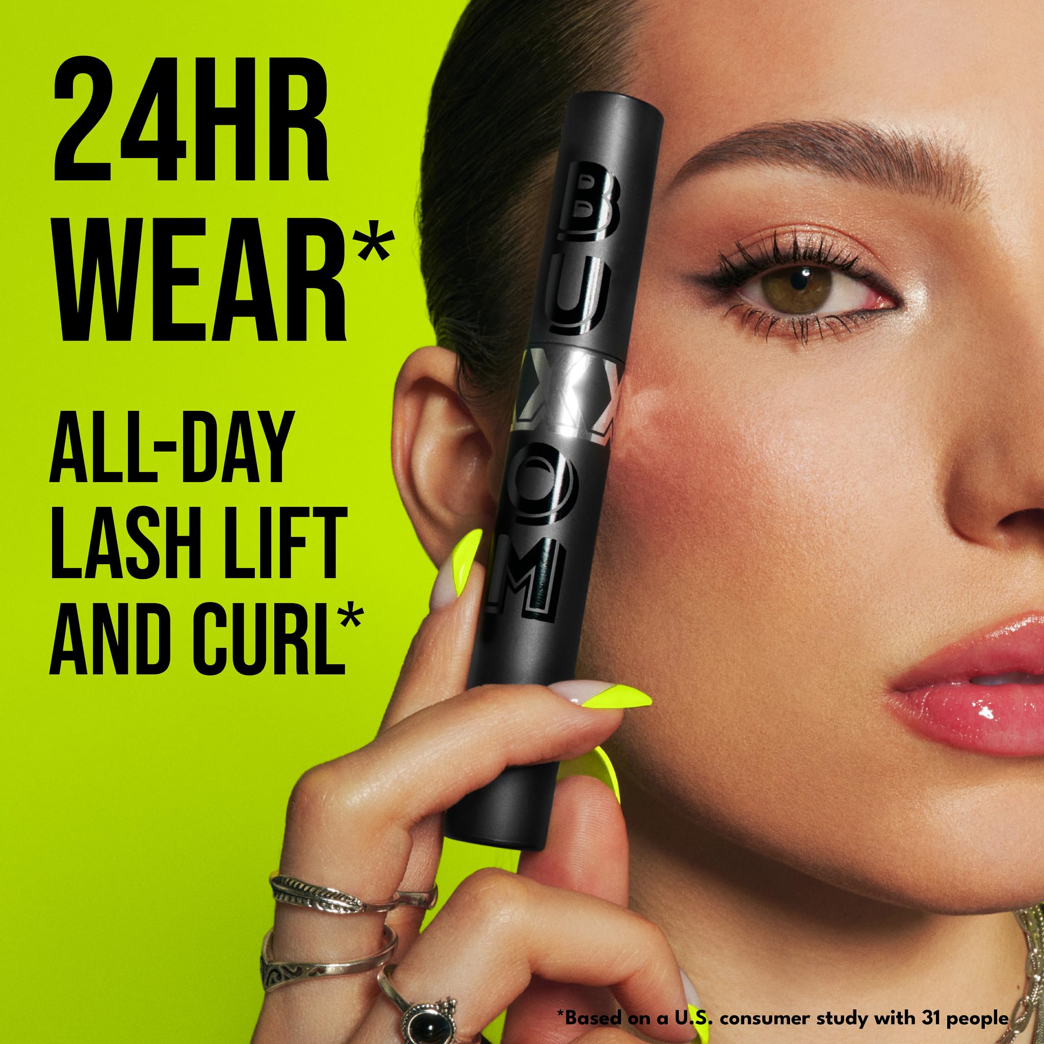 BUXOM Lash Xtension Lift Mascara 2X lift and length for a visible eye-opening effect.