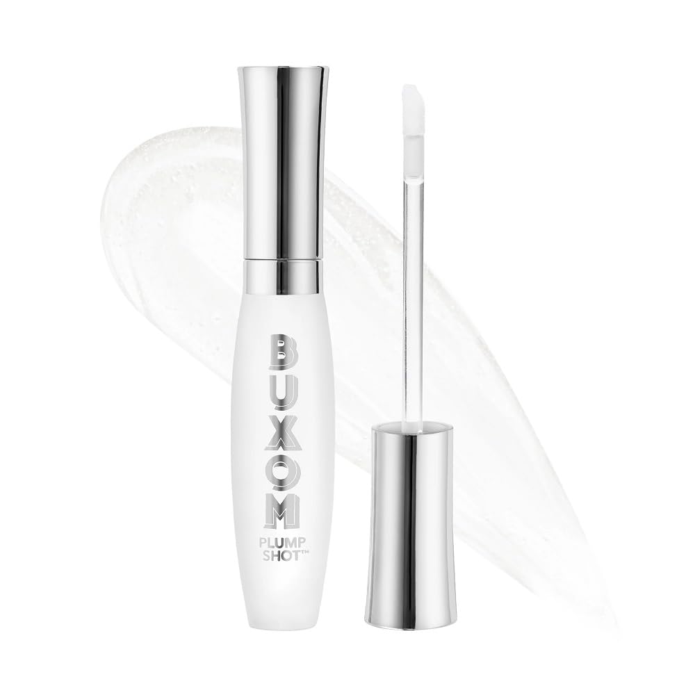 Buxom Plump Shot bottle close-up shows chrome shimmer for a glossy, fuller-looking lip.