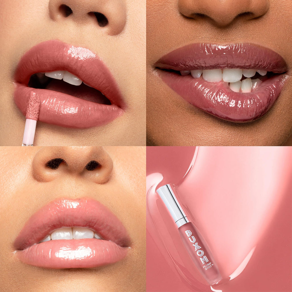 Buxom Plump Shot ingredients panel featuring peptides and oils.