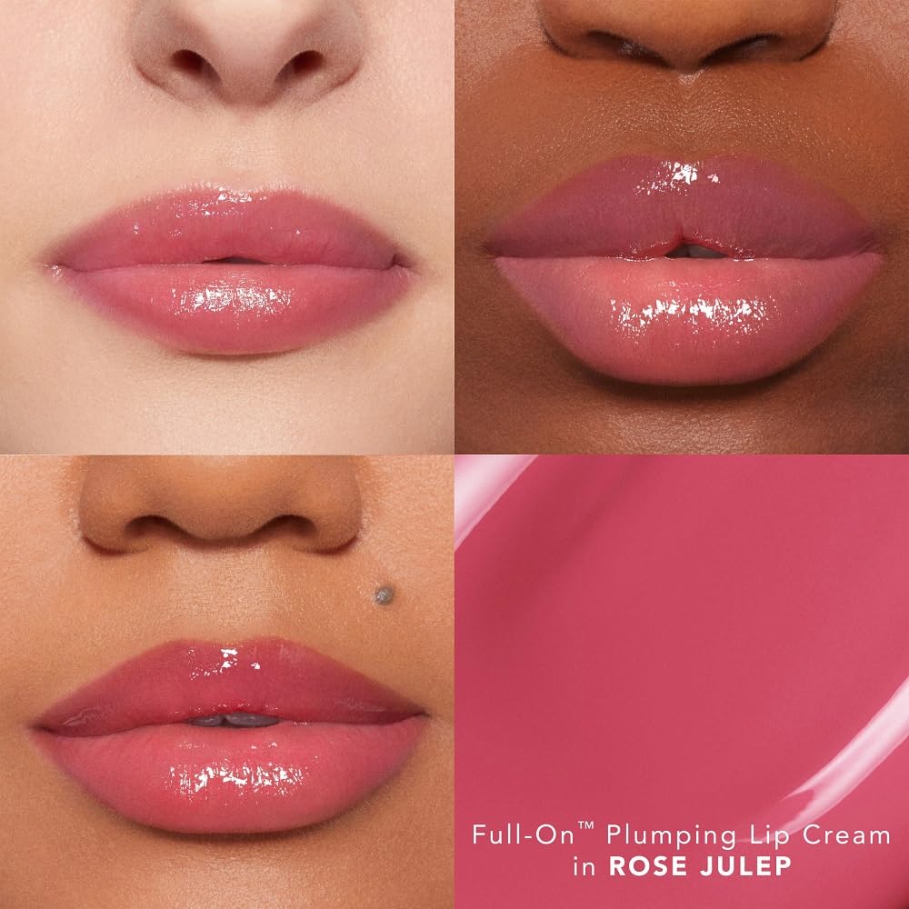 Buxom Plump Shot peptides lip serum on lips closeup hints at cooling sensation.