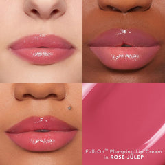 Buxom Plump Shot peptides lip serum on lips closeup hints at cooling sensation.