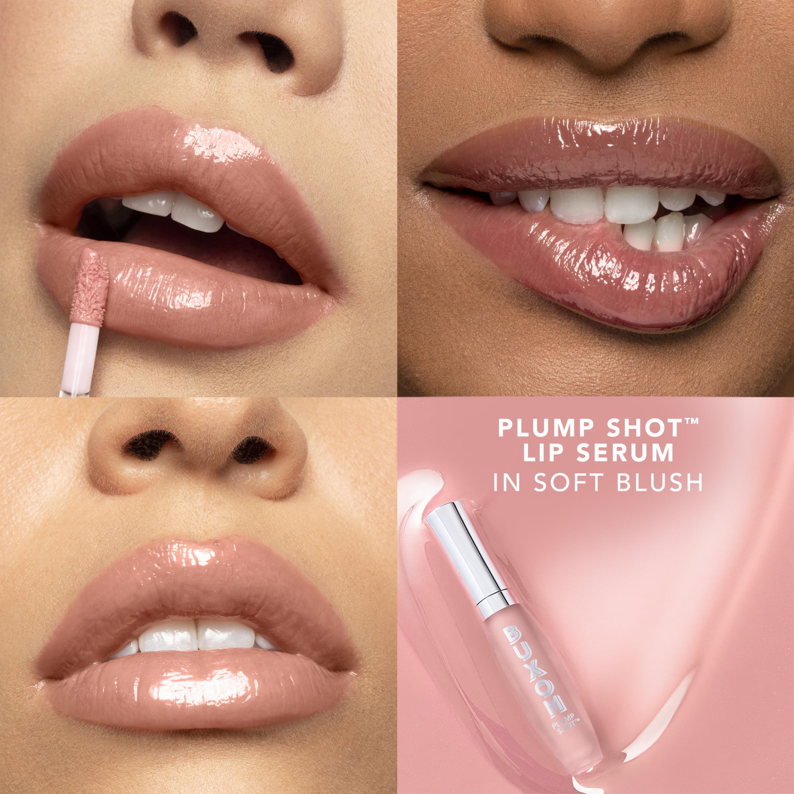 Buxom Plump Shot Lip Serum application demonstrating potential lip fullness over time.