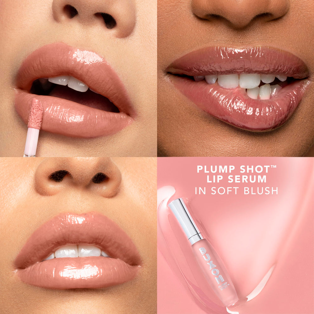 Buxom Plump Shot Lip Serum application demonstrating potential lip fullness over time.